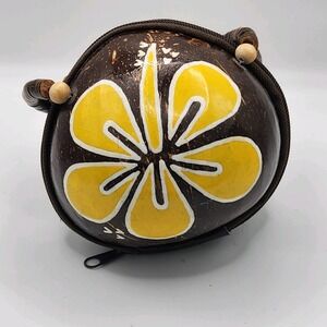 Hand Carved Coconut Shell Purse with Yellow Hawaiian Flower